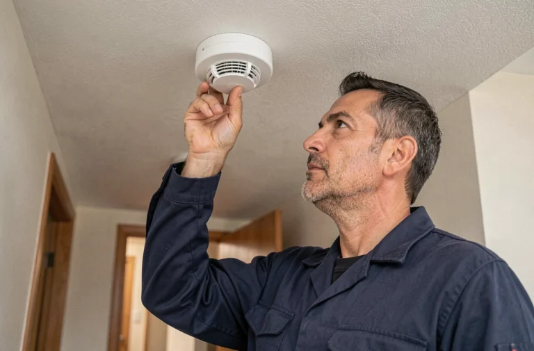 Technicien en uniforme inspectant un détecteur de fumée au plafond dans un couloir d'appartement