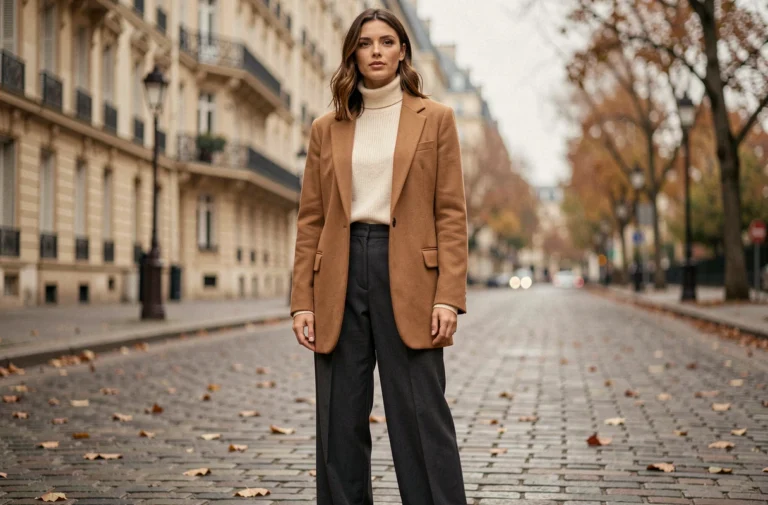 Femme élégante en blazer camel oversize et pantalon large charbon dans une rue pavée parisienne, style mode automne-hiver