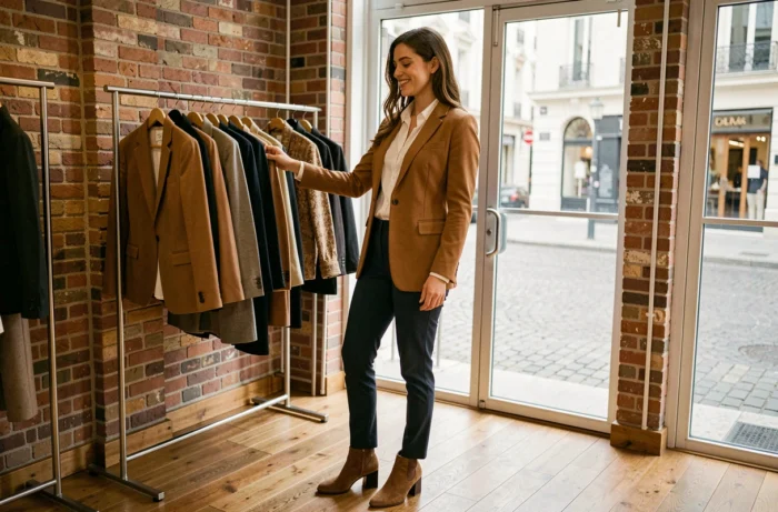 Jeune femme élégante qui fait du shopping dans une boutique parisienne, portant un blazer camel et un pantalon sombre, illustrant les tendances mode actuelles