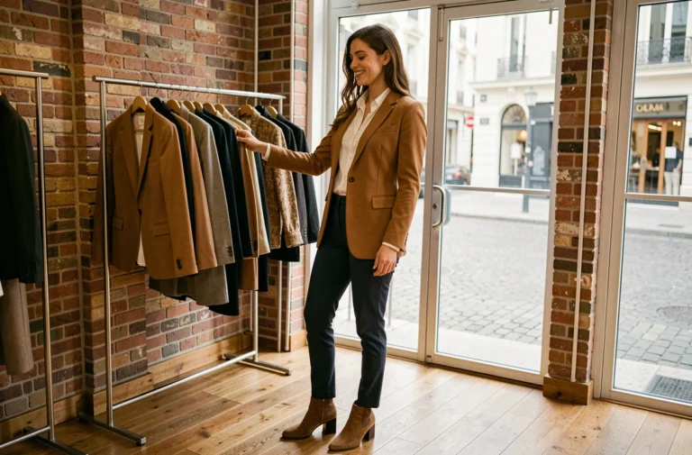 Jeune femme élégante qui fait du shopping dans une boutique parisienne, portant un blazer camel et un pantalon sombre, illustrant les tendances mode actuelles