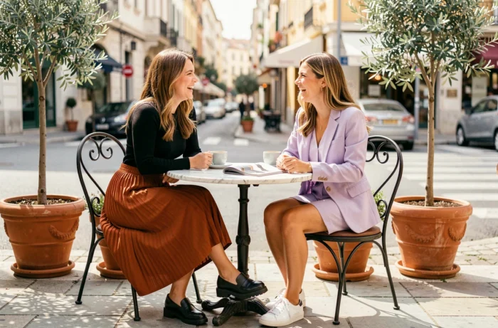 Deux femmes tendance en tenue mode colorée — jupe midi et co-ord lavande — attablées à la terrasse d'un café urbain