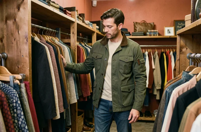 Homme en veste utility verte et jean brut explorant les tendances mode dans une boutique vintage chaleureuse