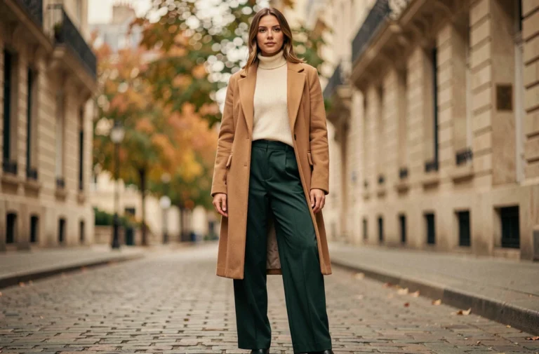 Femme élégante portant un manteau camel et un pantalon large vert forêt dans une rue pavée européenne en automne, tendances mode saison