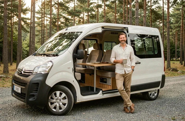 Utilisateur satisfait appuyé contre son Citroën Campster ouvert sur un camping en forêt de pins, intérieur aménagé visible