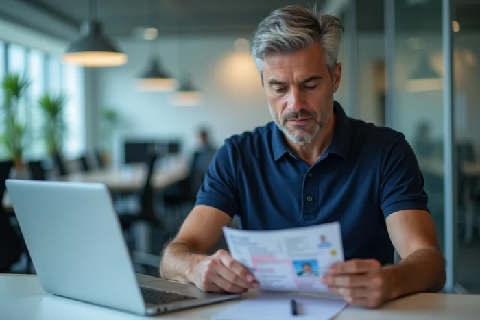 Homme vérifiant une photocopie de passeport biométrique dans un bureau moderne