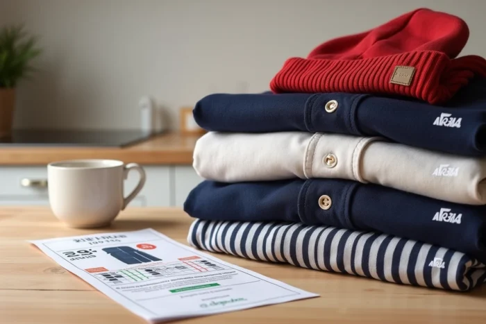 Vêtements Armor Lux pliés avec un prospectus Intermarché et des notes d'économies sur une table en bois